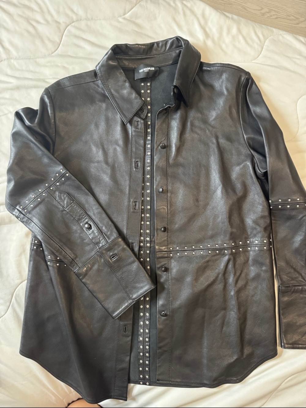 The Kooples Black Leather Stud-Trim Button Down Shirt